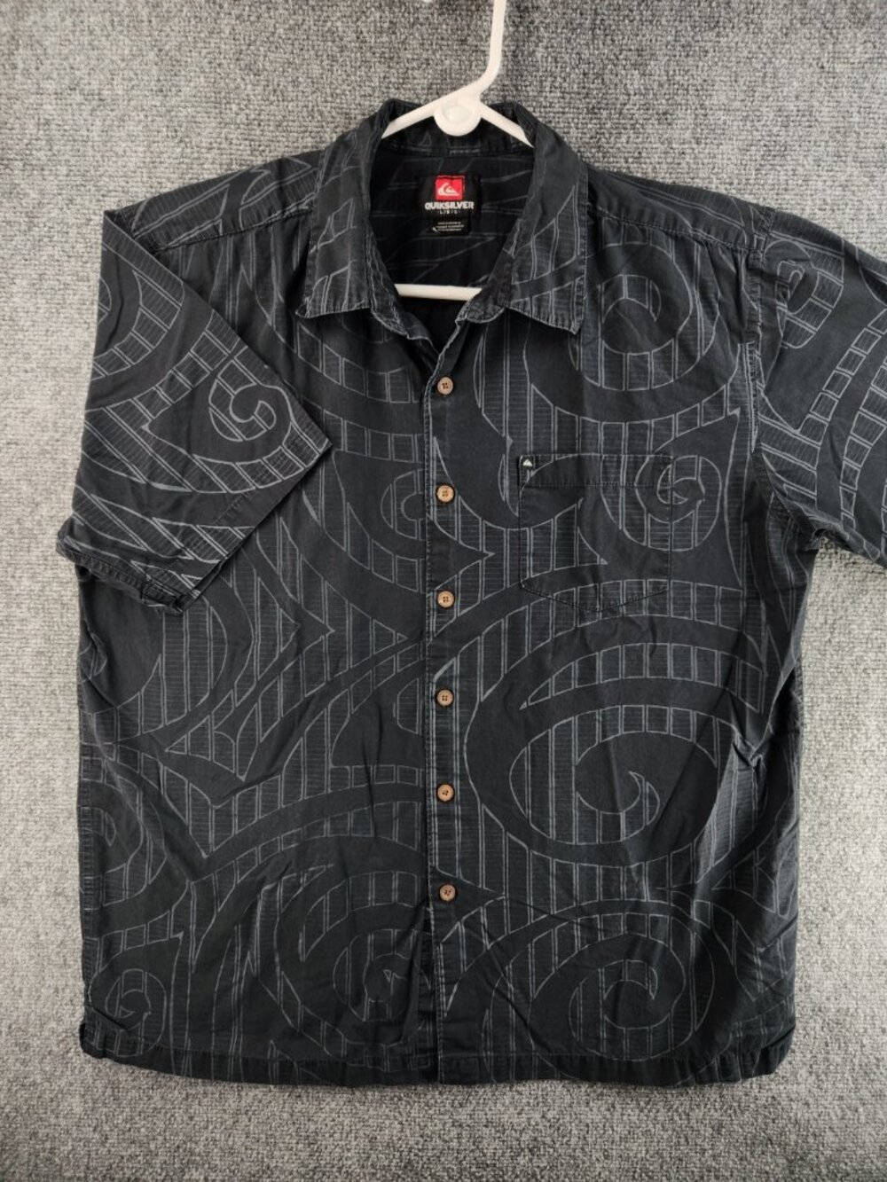 Quiksilver Large Cotton Geometric Short Sleeve Black Skate Surf Casual Button Up